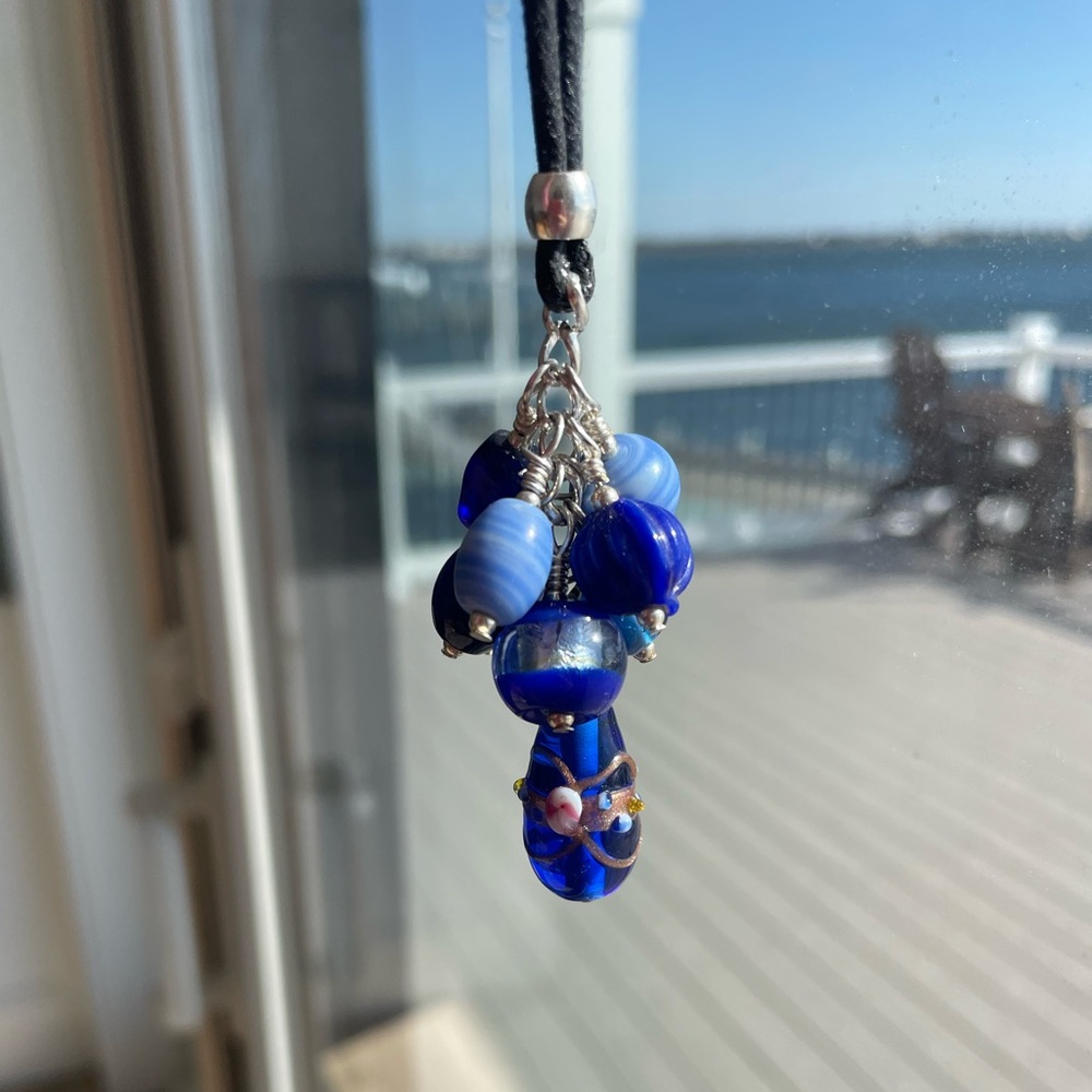 Handmade Blue Glass Beaded Grape Necklace Pendant on 18” Black Cord